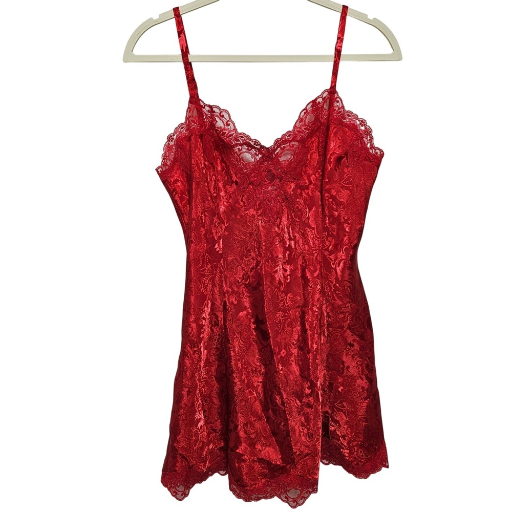 Victoria's Secret Vintage Gold Label Red Satin Lace Chemise Slip Dress 90s M